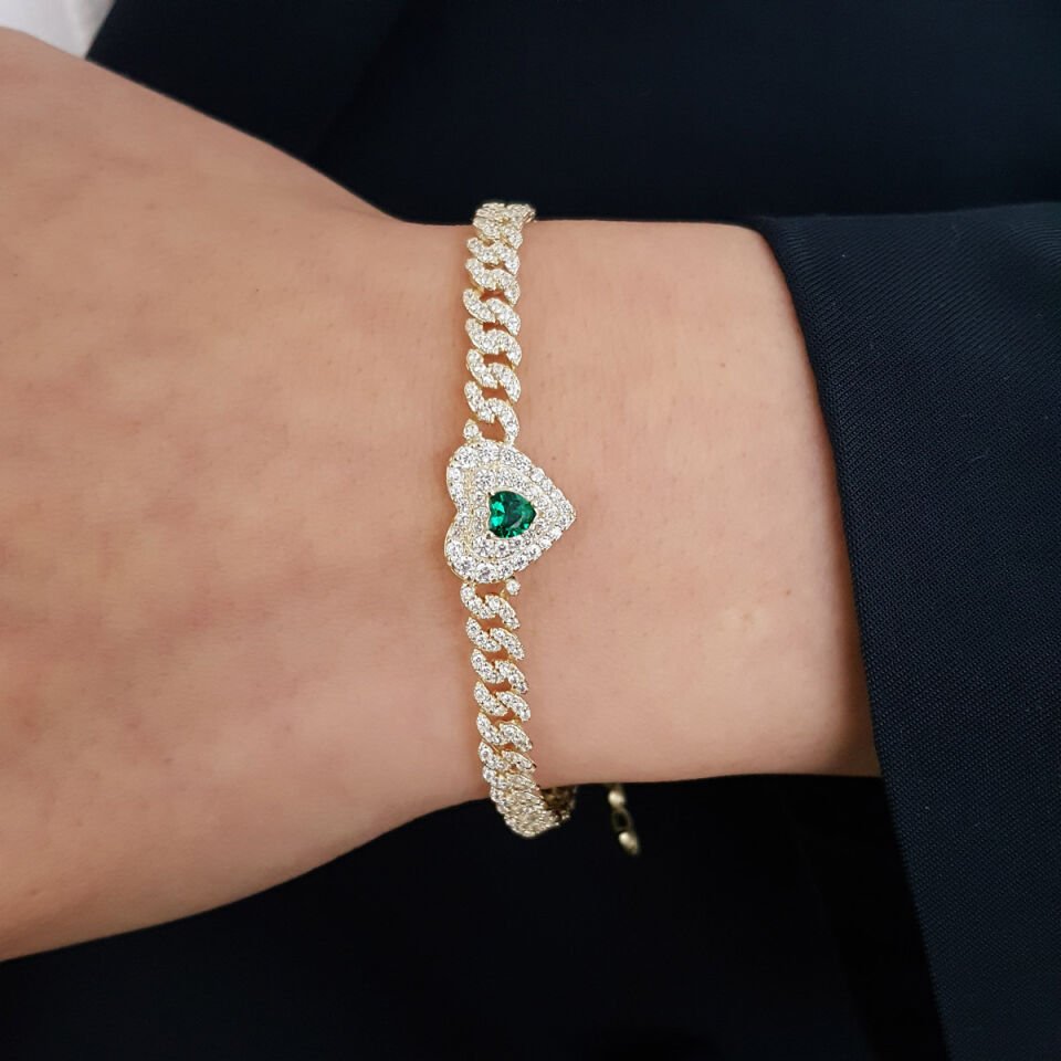 Taşlı Kalp Gurmet Su Yolu Gümüş Bileklik