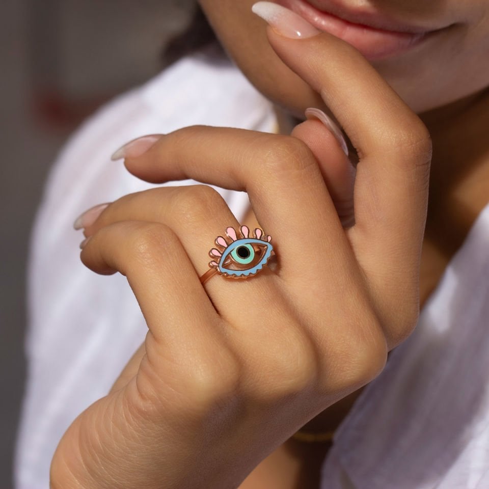 Renkli Nazar Göz Gümüş Yüzük