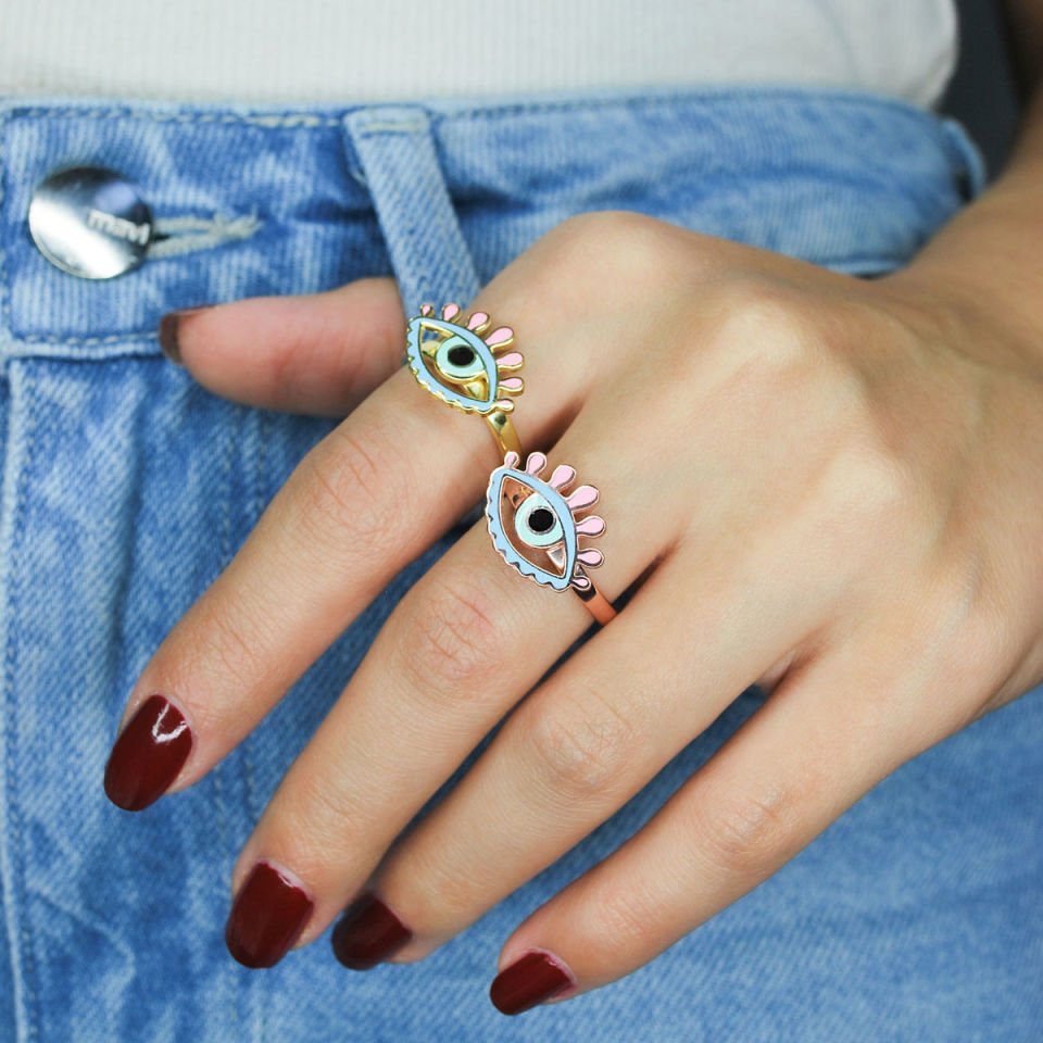 Renkli Nazar Göz Gümüş Yüzük