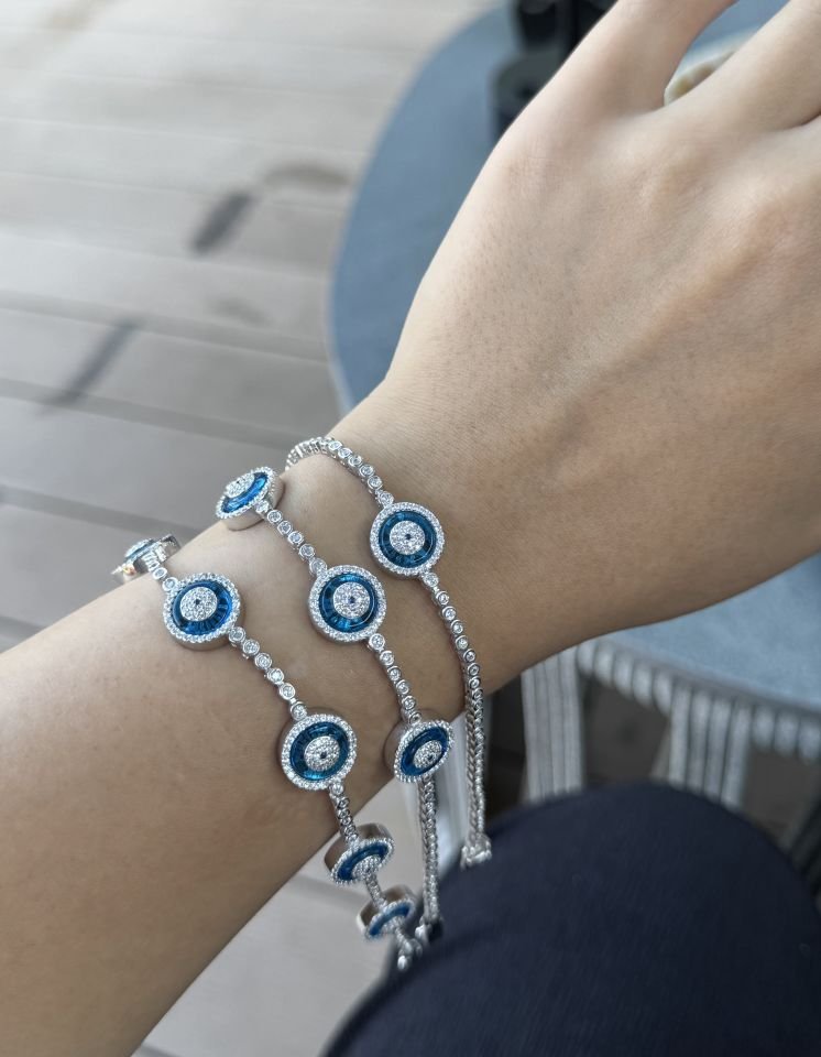 Cam Göz Tek Sıra Su Yolu  Gümüş Bileklik