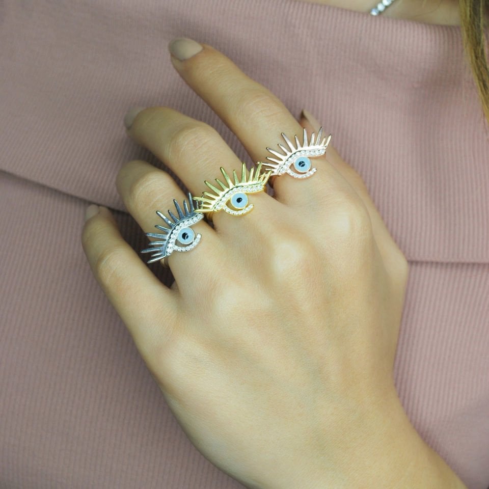 Taşlı Nazar Taç Göz Gümüş Yüzük