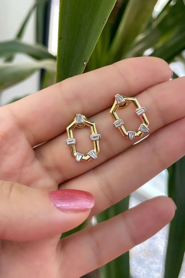 Beş Taşlı Altıgen Gümüş Küpe