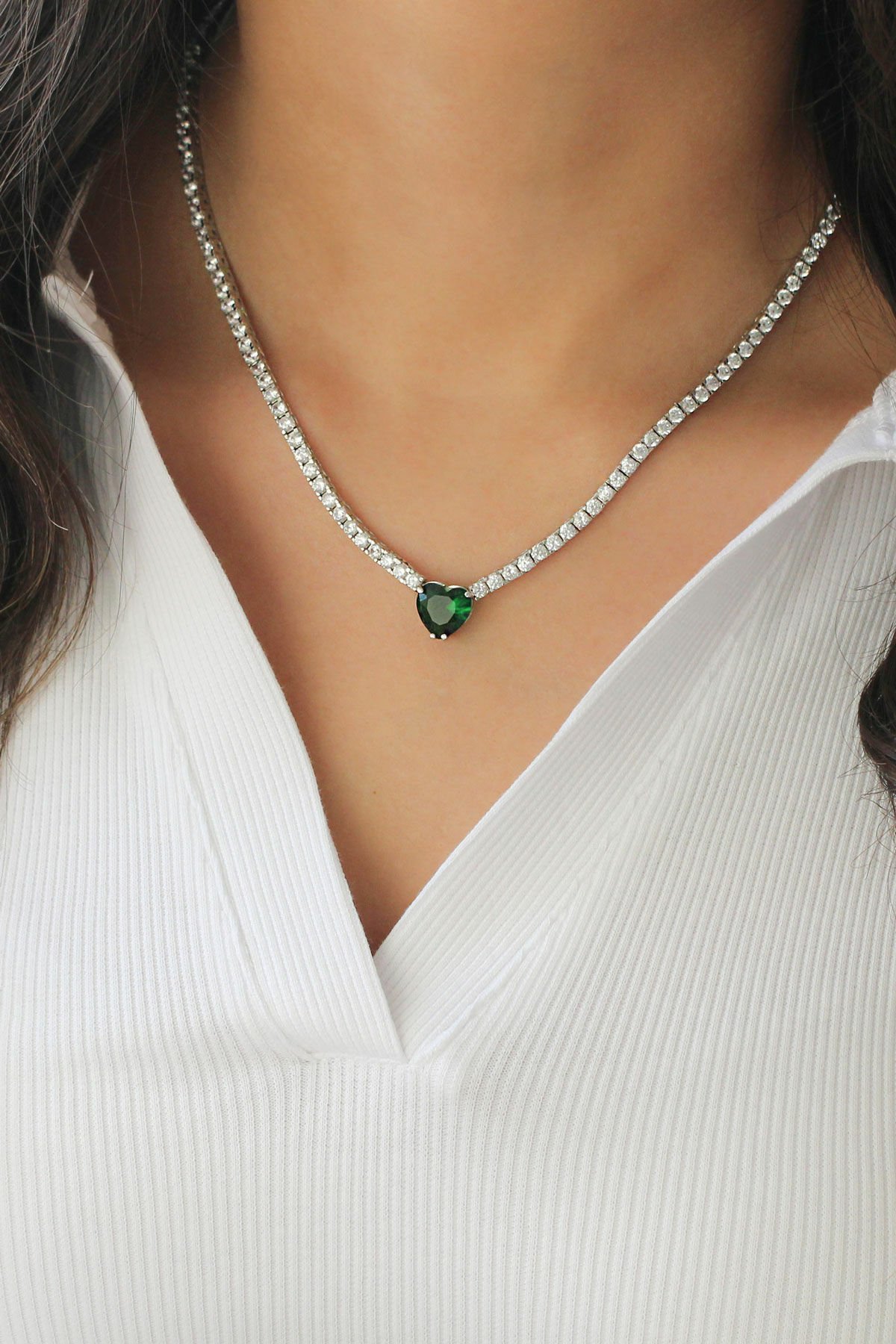 Taşlı Kalp Su Yolu Gümüş Kolye