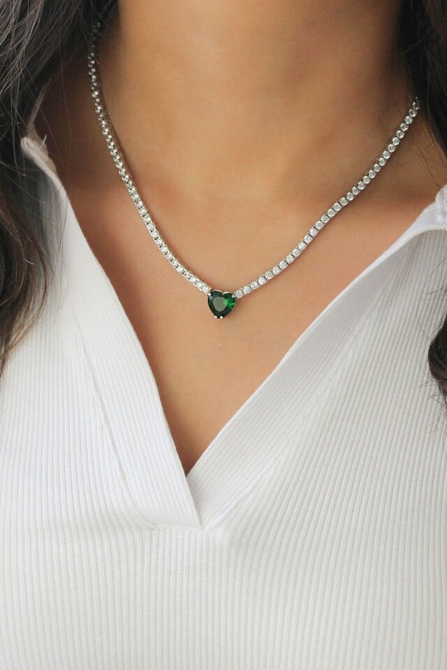 Taşlı Kalp Su Yolu Gümüş Kolye