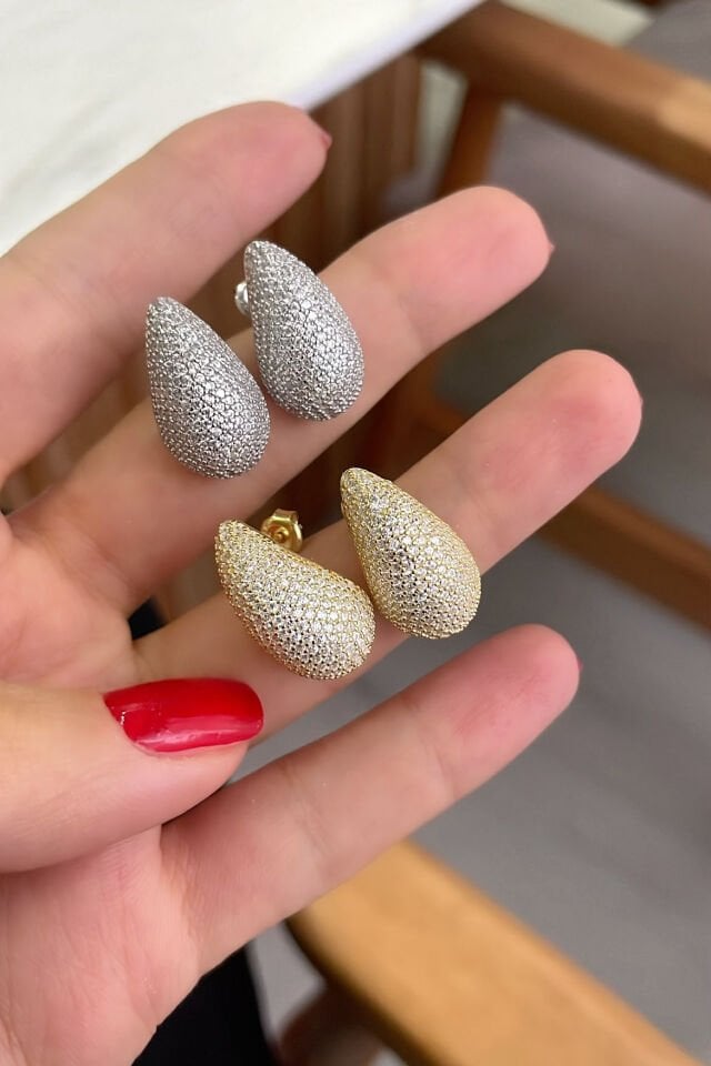 Damla Taşlı Bombeli Gümüş Küpe