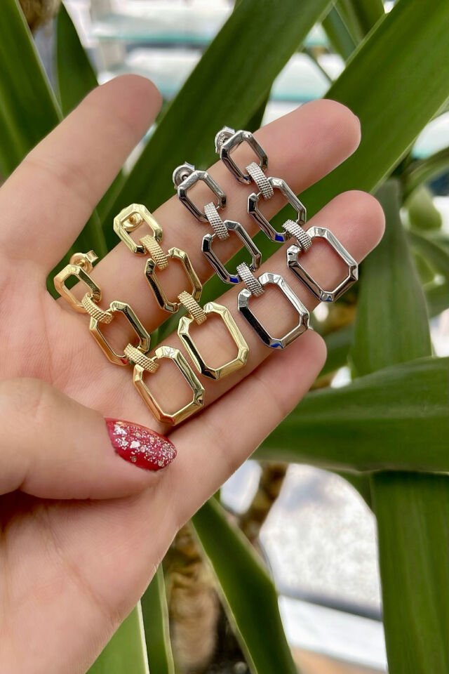 Üçlü Sekizgen Gümüş Küpe