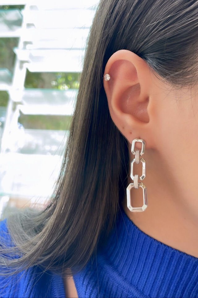 Üçlü Sekizgen Gümüş Küpe