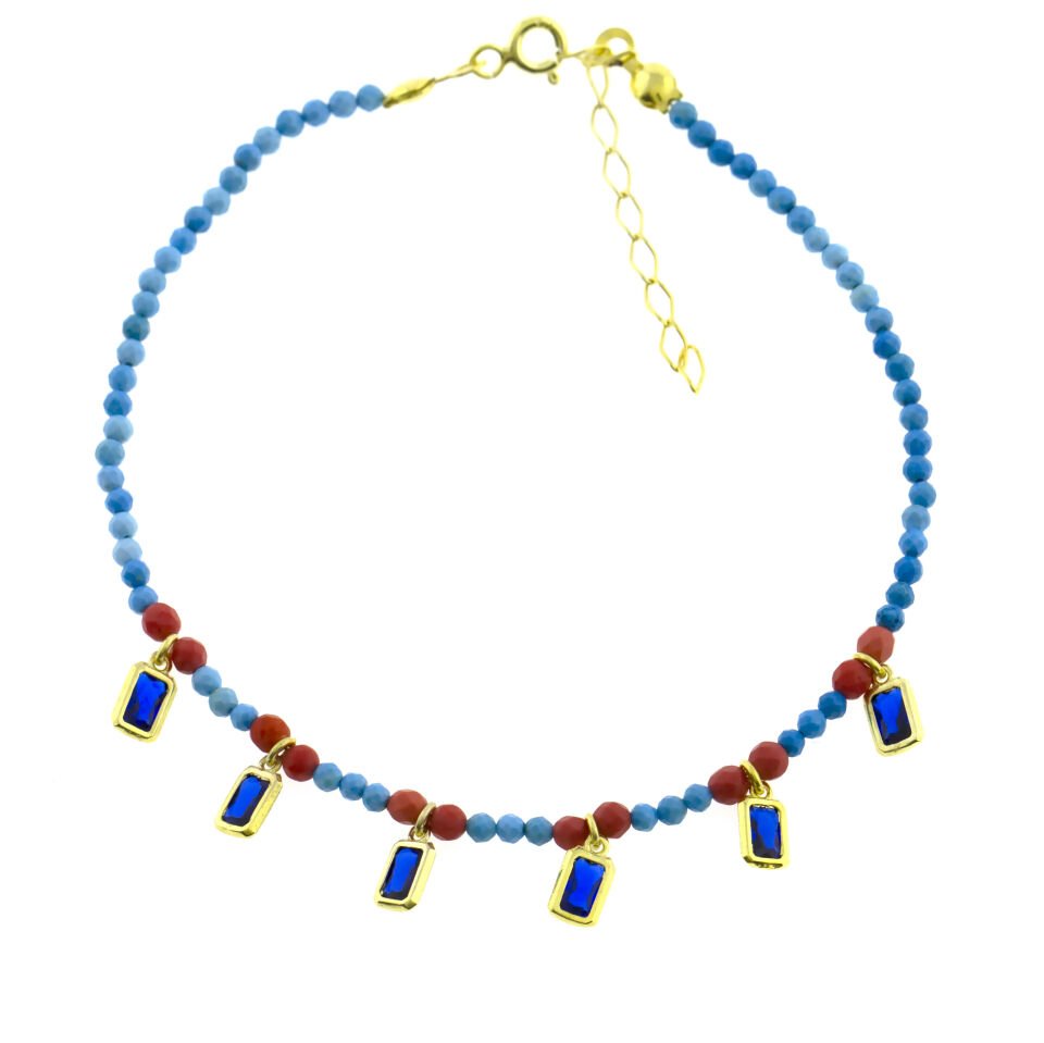 Faset Boncuklu Baget Taşlı Gümüş Halhal