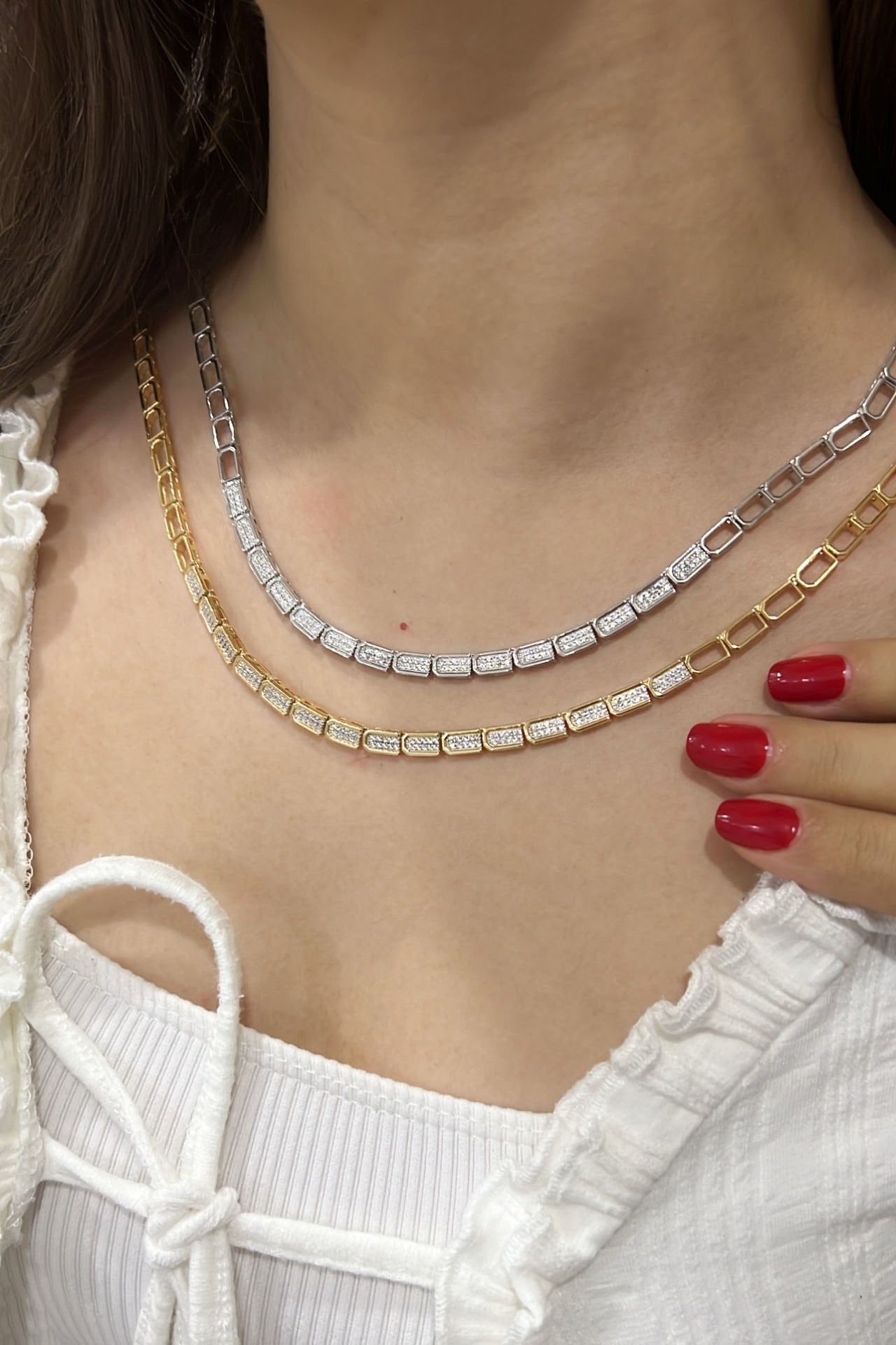 Taşlı Yarım Blok Gümüş Kolye