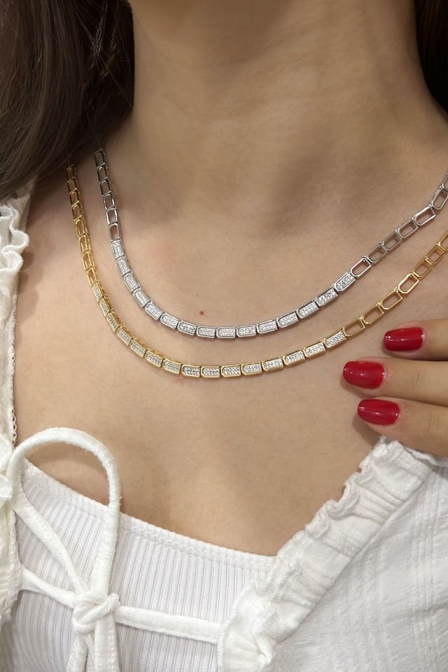 Taşlı Yarım Blok Gümüş Kolye