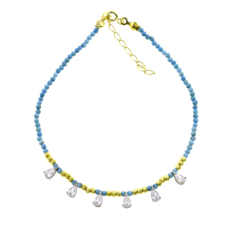 Faset Boncuklu Damla Taşlı Gümüş Halhal