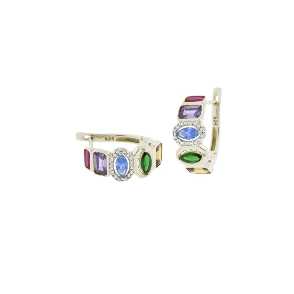 Renkli Taşlı Kilitli Gümüş Küpe