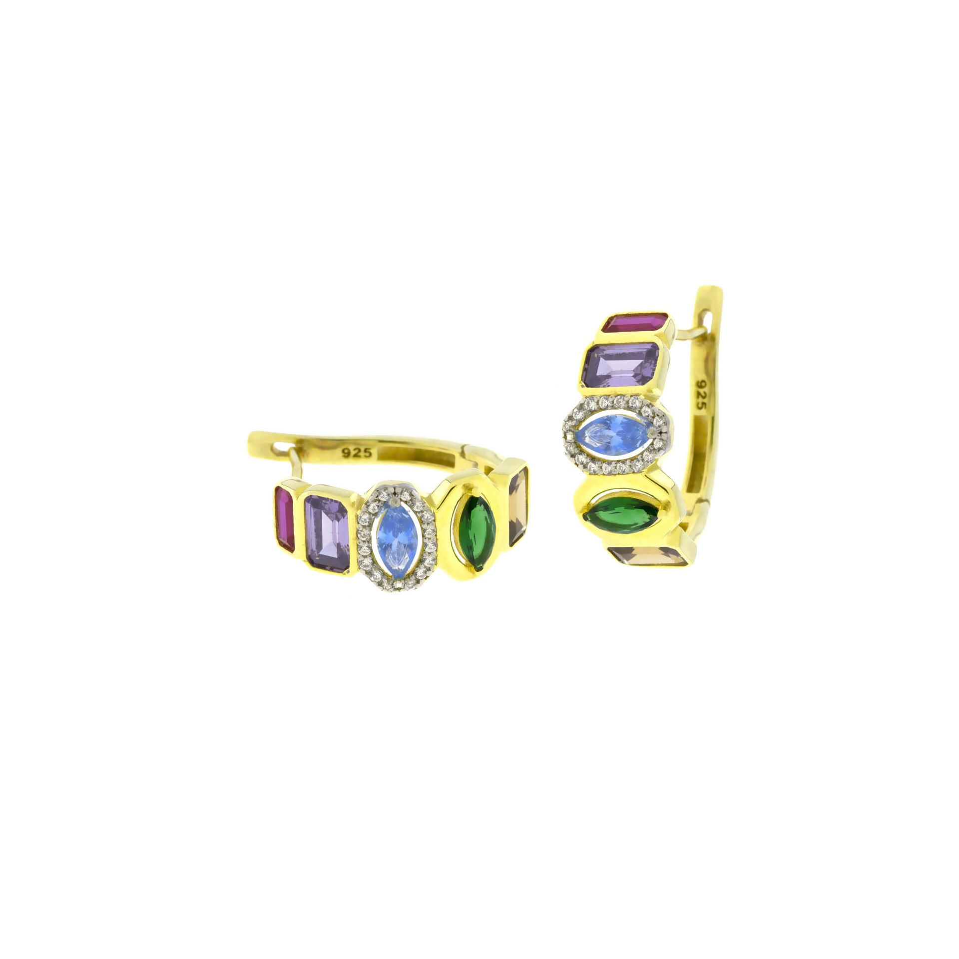 Renkli Taşlı Kilitli Gümüş Küpe