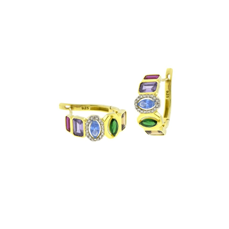 Renkli Taşlı Kilitli Gümüş Küpe