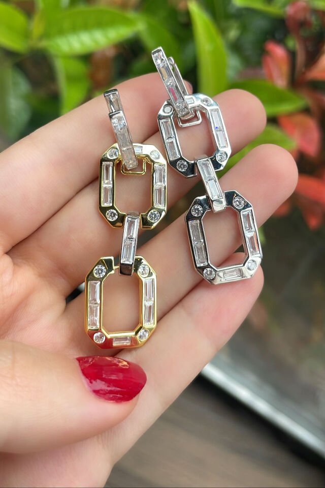 Çift Halka Baget Taşlı Gümüş Küpe