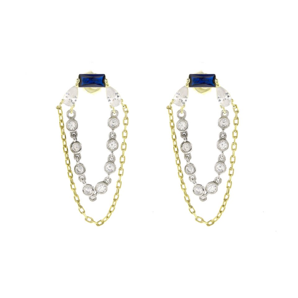 Baget Taşlı Zincir Sallantılı Gümüş Küpe