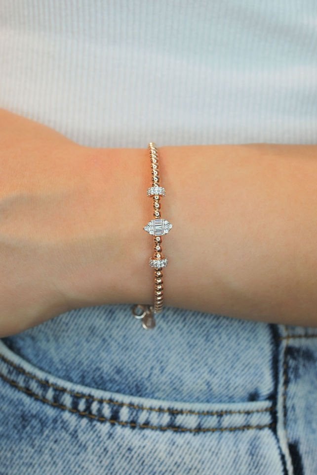 Baget Taşlı Pırlanta Kesim Gümüş Bileklik