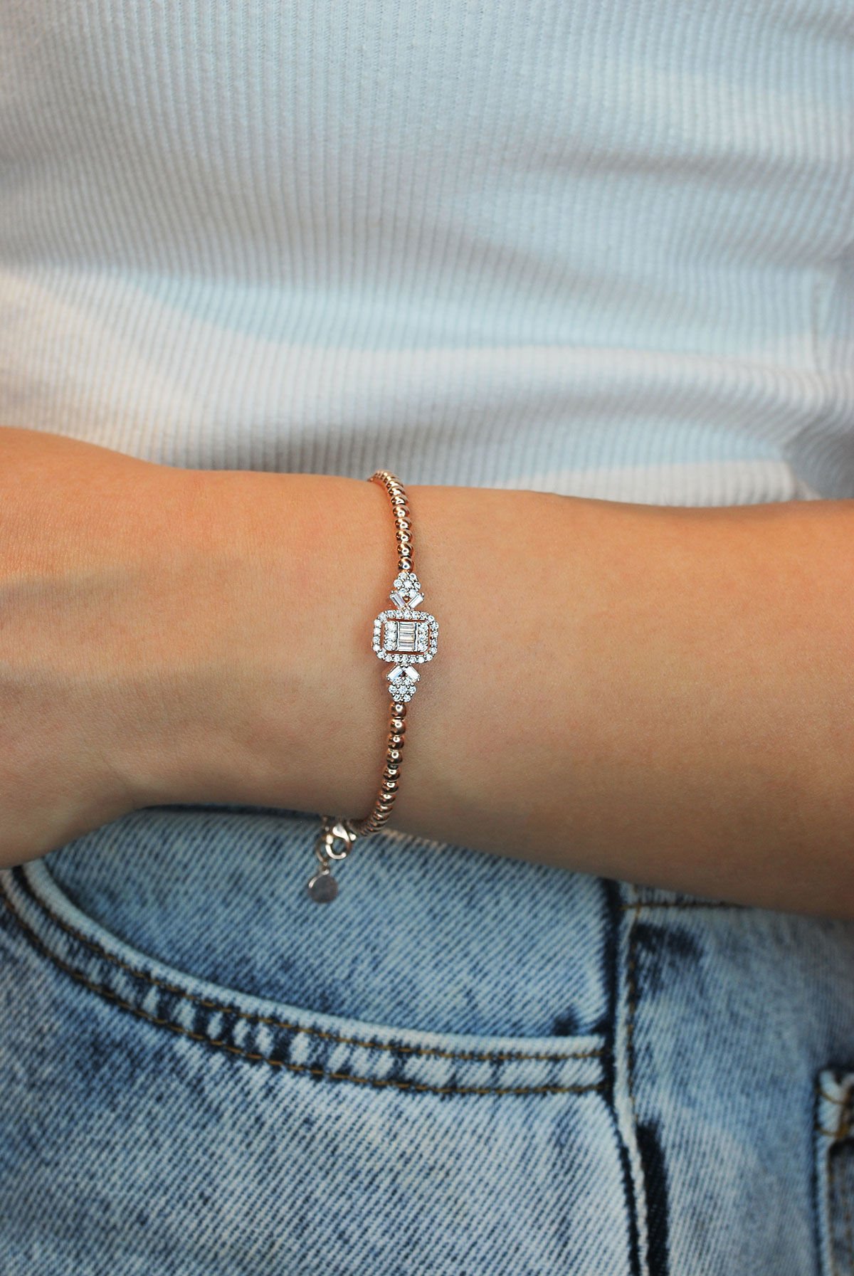 Baget Tasarım Pırlanta Kesim Gümüş Bileklik