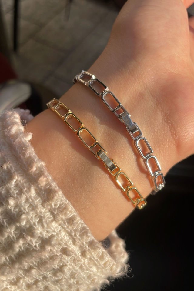 Taşlı Yarım Blok Gümüş Bileklik