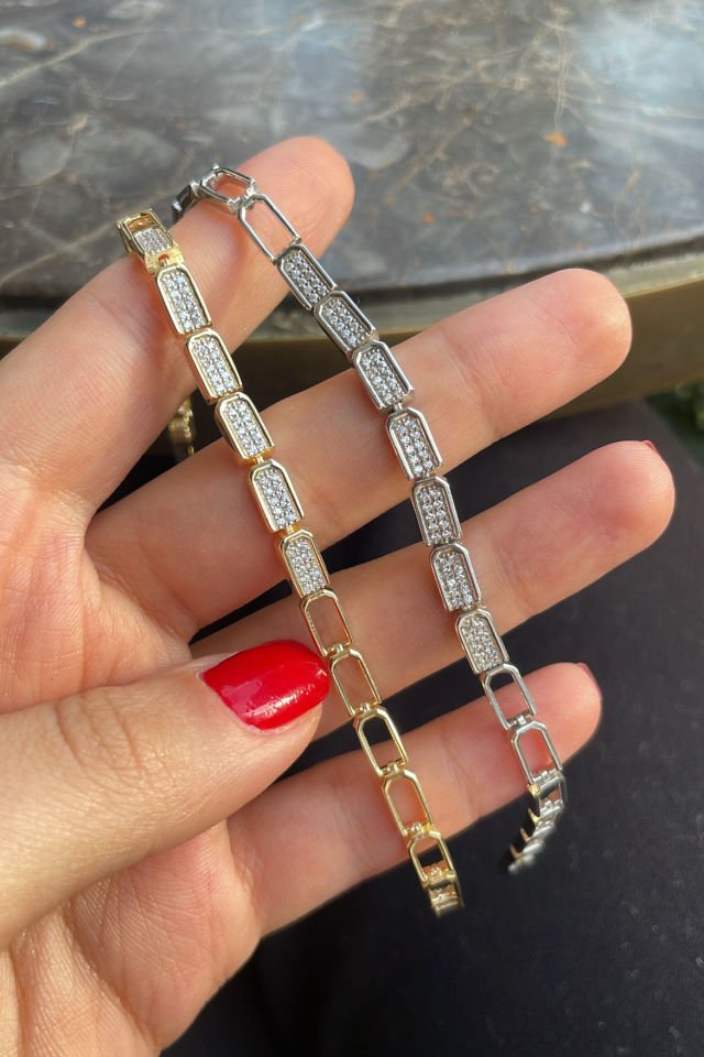 Taşlı Yarım Blok Gümüş Bileklik