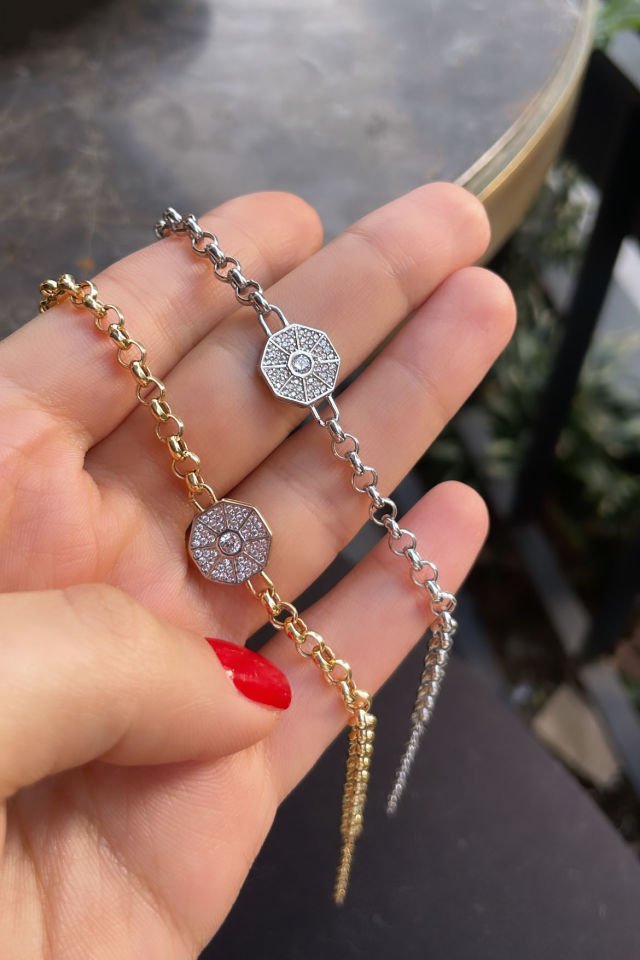 Oktagon Taşlı Gümüş Bileklik