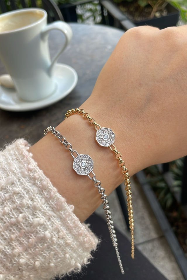 Oktagon Taşlı Gümüş Bileklik