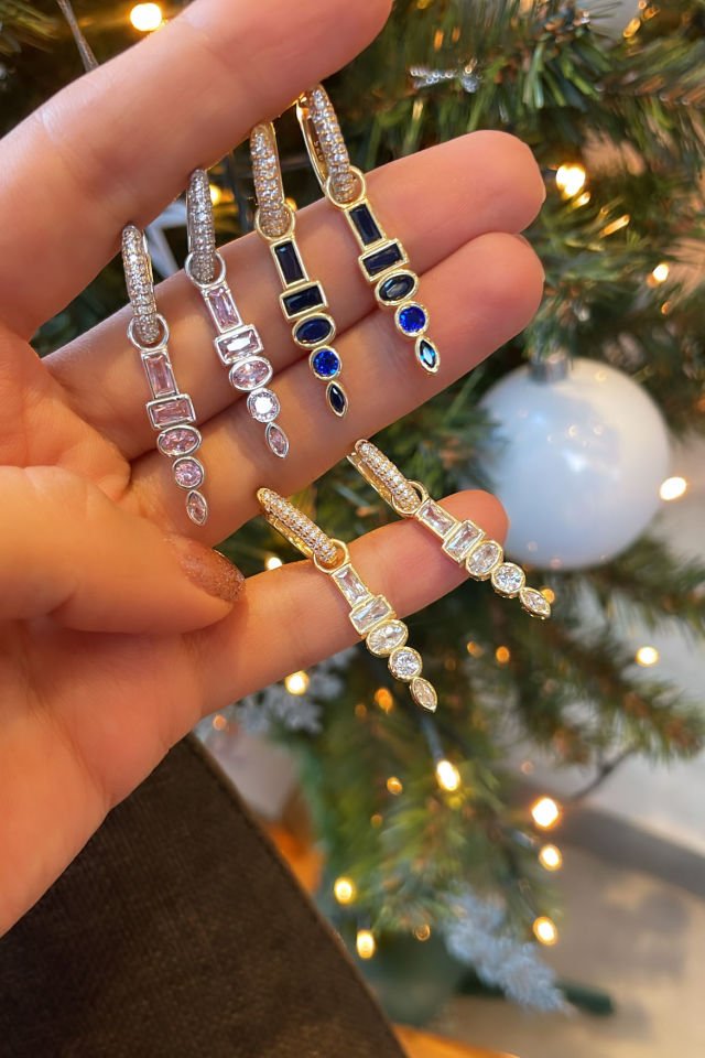 Baget Oval Mekik Taşlı Gümüş Küpe