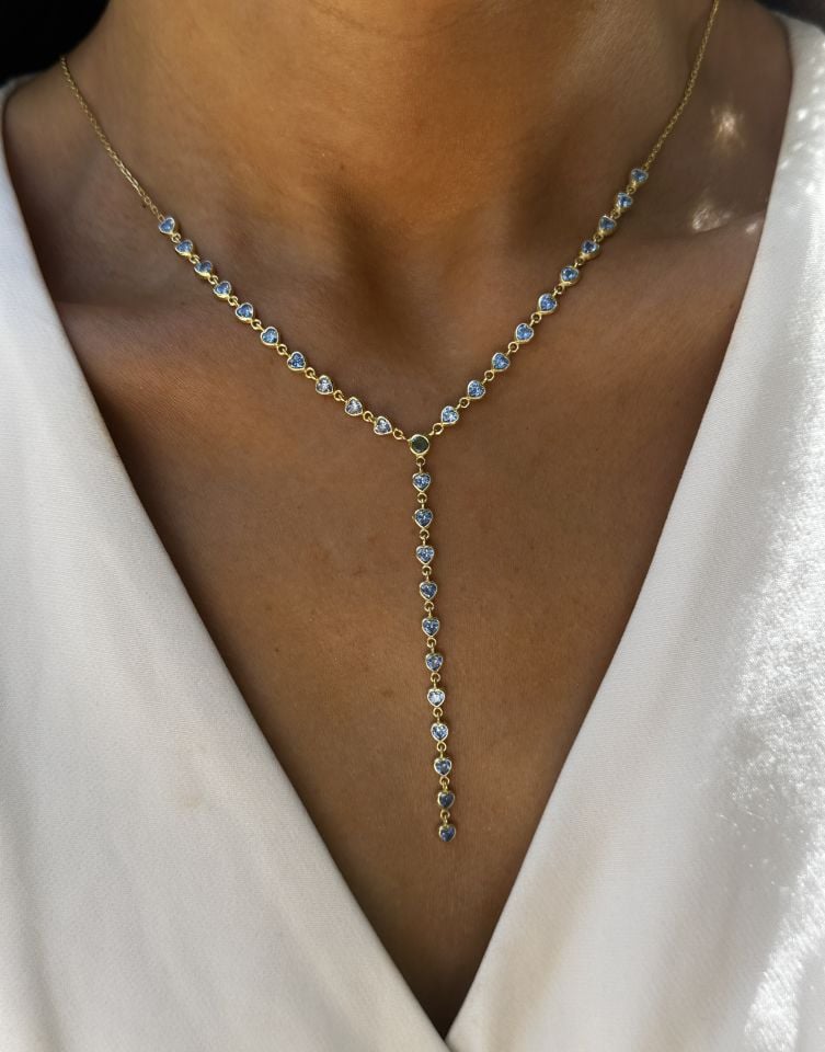 Aquamarin taşlı Kalpli Y Gümüş Kolye